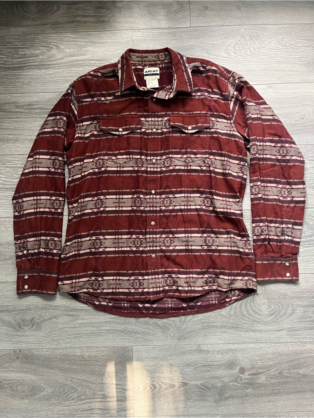 Ariat Men’s Brown Gray Southwestern Cowboy Pearl Snap 100% Cotton Shirt Size L